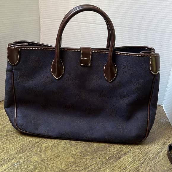 Dooney & Bourke Canvas Signature Double Handle Tote Leather Navy Blue Brown - Picture 6 of 17